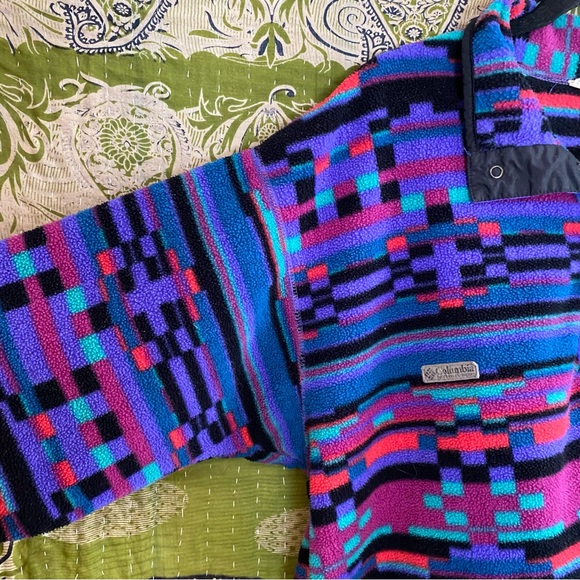 Vtg 80's Columbia Aztec Print Radial Sleeve 1/4 Snap Fleece Jacket Size L - HOLE - Picture 7 of 16